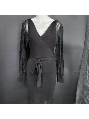 Lush Dress Womens Small Black Bodycon Wrap Lace Balloon Sleeve Tie Waist Party